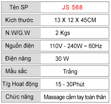 Thông số kỹ thuật máy Massage Cầm Tay 7 IN 1 OKINAWA JS 568