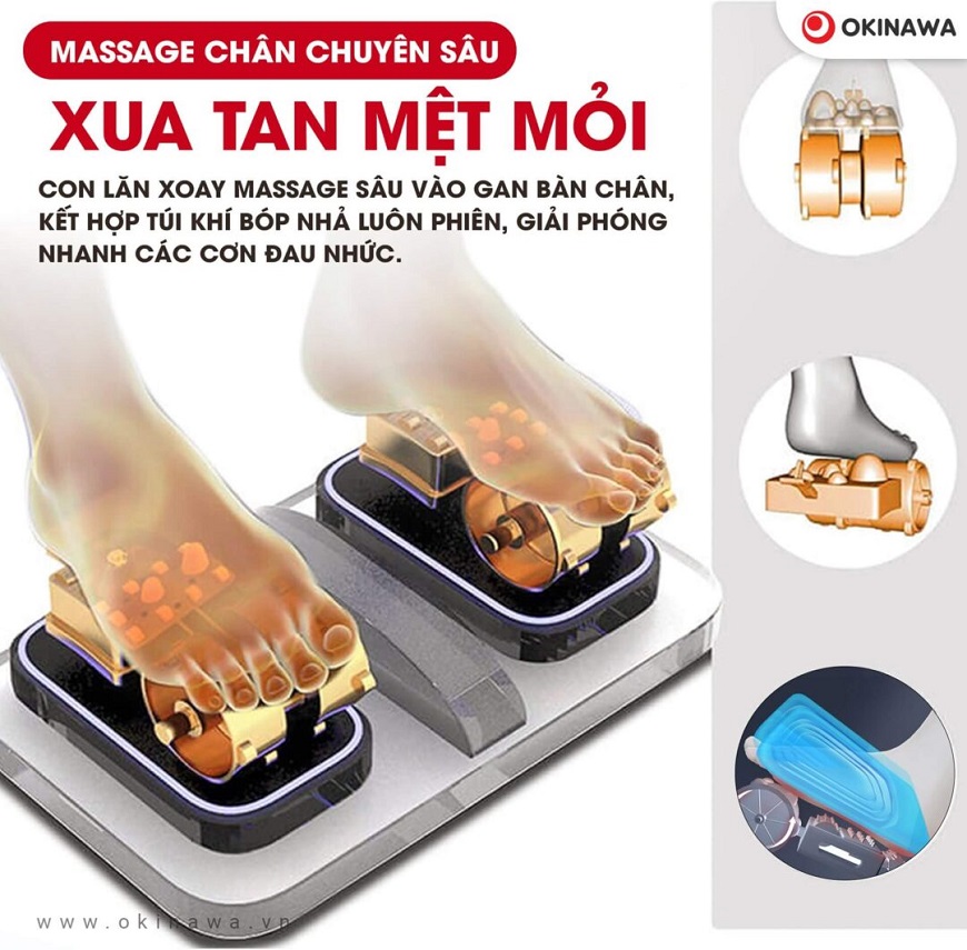 Hệ thống massage chuyên sâu của túi khí và con lăn bàn chân ghế massage Okinawa OS - 152